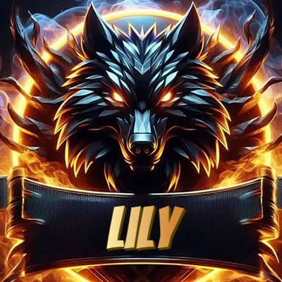 Diseño agresivo y poderoso de cabeza de lobo con ojos brillantes y halo de fuego, nombre incluido. - Lily