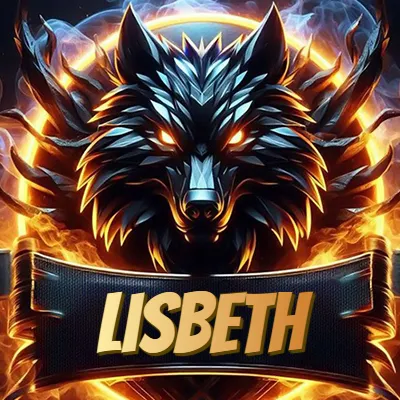 Diseño agresivo y poderoso de cabeza de lobo con ojos brillantes y halo de fuego, nombre incluido. - Lisbeth