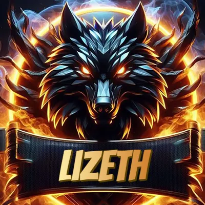 Diseño agresivo y poderoso de cabeza de lobo con ojos brillantes y halo de fuego, nombre incluido. - Liz