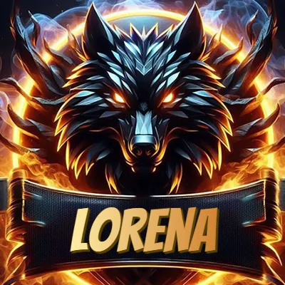 Diseño agresivo y poderoso de cabeza de lobo con ojos brillantes y halo de fuego, nombre incluido. - Lorena