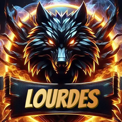 Diseño agresivo y poderoso de cabeza de lobo con ojos brillantes y halo de fuego, nombre incluido. - Lourdes