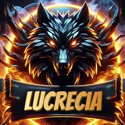 Diseño agresivo y poderoso de cabeza de lobo con ojos brillantes y halo de fuego, nombre incluido. - Lucrecia