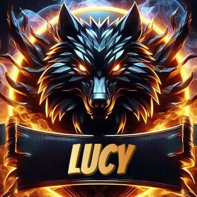 Diseño agresivo y poderoso de cabeza de lobo con ojos brillantes y halo de fuego, nombre incluido. - Lucy
