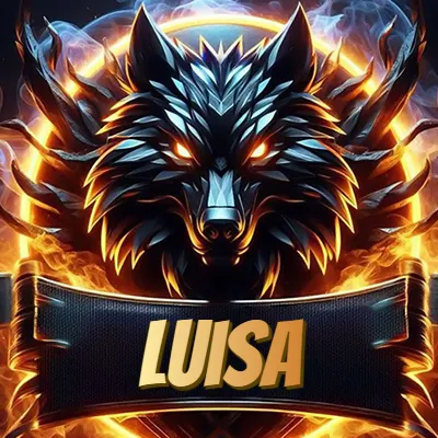 Cabeza de lobo digital imponente con diseño afilado y ángulos geométricos, rodeada por un halo circular de llamas ardientes y humo ascendente que transmite poder y control. El nombre Luisa está escrito en negrita ligeramente inclinada dentro de una cinta negra curva justo debajo de la cabeza del lobo.