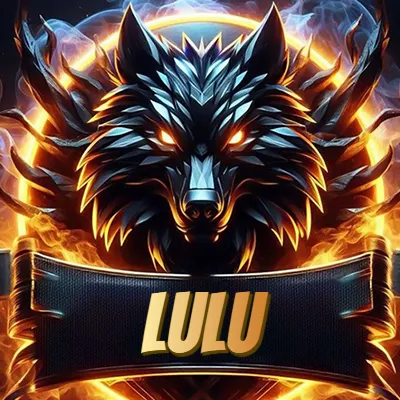 Diseño agresivo y poderoso de cabeza de lobo con ojos brillantes y halo de fuego, nombre incluido. - Lulu Diseño agresivo y poderoso de cabeza de lobo con ojos brillantes y halo de fuego, nombre incluido. - Lulu