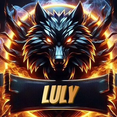 Diseño agresivo y poderoso de cabeza de lobo con ojos brillantes y halo de fuego, nombre incluido. - Luly