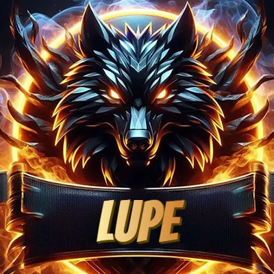 Diseño agresivo y poderoso de cabeza de lobo con ojos brillantes y halo de fuego, nombre incluido. - Lupe