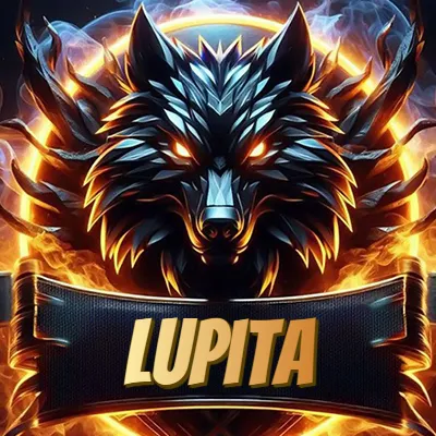 Diseño agresivo y poderoso de cabeza de lobo con ojos brillantes y halo de fuego, nombre incluido. - Lupita