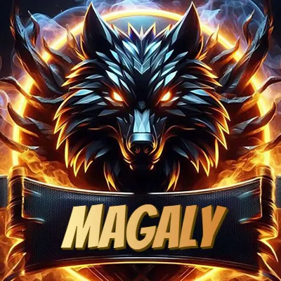 Diseño agresivo y poderoso de cabeza de lobo con ojos brillantes y halo de fuego, nombre incluido. - Magaly