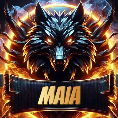 Diseño agresivo y poderoso de cabeza de lobo con ojos brillantes y halo de fuego, nombre incluido. - Maia