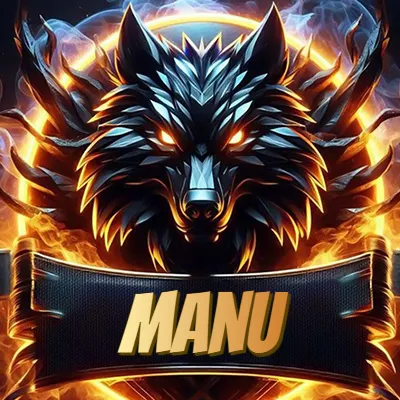 Cabeza de lobo digital imponente con diseño afilado y ángulos geométricos, rodeada por un halo circular de llamas ardientes y humo ascendente que transmite poder y control. El nombre Manu está escrito en negrita ligeramente inclinada dentro de una cinta negra curva justo debajo de la cabeza del lobo.