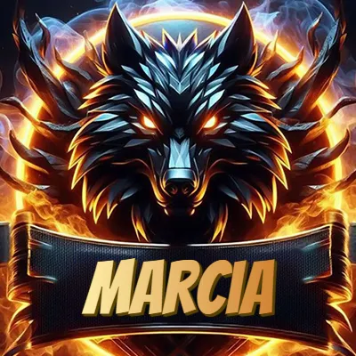 Diseño agresivo y poderoso de cabeza de lobo con ojos brillantes y halo de fuego, nombre incluido. - Marcia