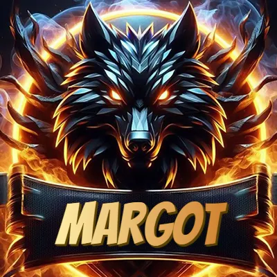 Diseño agresivo y poderoso de cabeza de lobo con ojos brillantes y halo de fuego, nombre incluido. - Margot