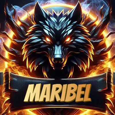 Diseño agresivo y poderoso de cabeza de lobo con ojos brillantes y halo de fuego, nombre incluido. - Maribel