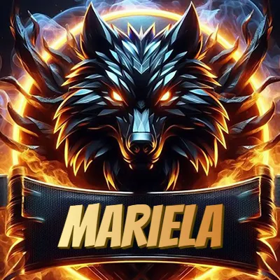 Diseño agresivo y poderoso de cabeza de lobo con ojos brillantes y halo de fuego, nombre incluido. - Mariela