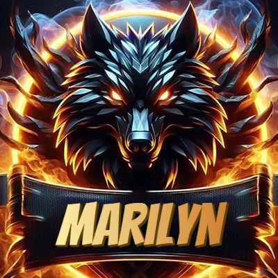 Diseño agresivo y poderoso de cabeza de lobo con ojos brillantes y halo de fuego, nombre incluido. - Marilyn Diseño agresivo y poderoso de cabeza de lobo con ojos brillantes y halo de fuego, nombre incluido. - Marilyn