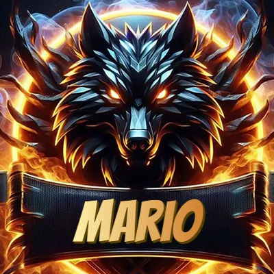 Diseño agresivo y poderoso de cabeza de lobo con ojos brillantes y halo de fuego, nombre incluido. - Mario