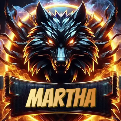 Diseño agresivo y poderoso de cabeza de lobo con ojos brillantes y halo de fuego, nombre incluido. - Martha