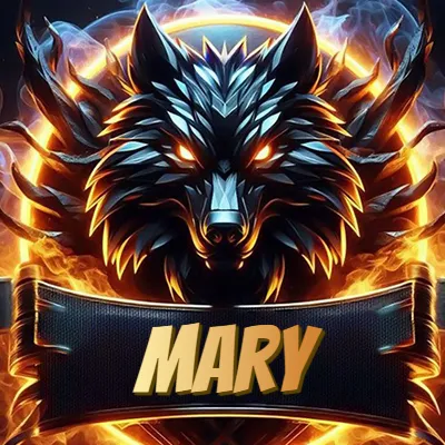 Cabeza de lobo digital imponente con diseño afilado y ángulos geométricos, rodeada por un halo circular de llamas ardientes y humo ascendente que transmite poder y control. El nombre Mary está escrito en negrita ligeramente inclinada dentro de una cinta negra curva justo debajo de la cabeza del lobo. Cabeza de lobo digital imponente con diseño afilado y ángulos geométricos, rodeada por un halo circular de llamas ardientes y humo ascendente que transmite poder y control. El nombre Mary está escrito en negrita ligeramente inclinada dentro de una cinta negra curva justo debajo de la cabeza del lobo.