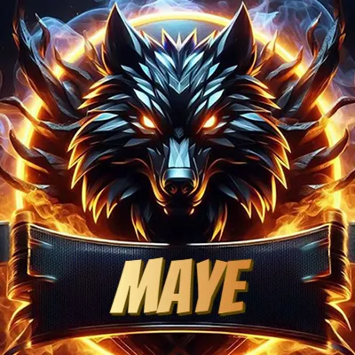 Diseño agresivo y poderoso de cabeza de lobo con ojos brillantes y halo de fuego, nombre incluido. - Maye