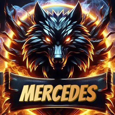 Diseño agresivo y poderoso de cabeza de lobo con ojos brillantes y halo de fuego, nombre incluido. - Mercedes
