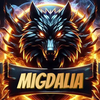 Diseño agresivo y poderoso de cabeza de lobo con ojos brillantes y halo de fuego, nombre incluido. - Migdalia