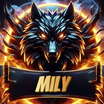 Diseño agresivo y poderoso de cabeza de lobo con ojos brillantes y halo de fuego, nombre incluido. - Mily