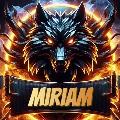 Diseño agresivo y poderoso de cabeza de lobo con ojos brillantes y halo de fuego, nombre incluido. - Miriam