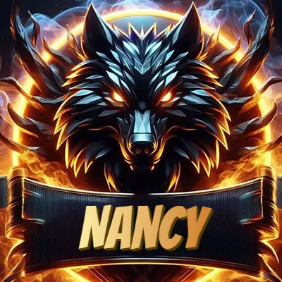 Diseño agresivo y poderoso de cabeza de lobo con ojos brillantes y halo de fuego, nombre incluido. - Nancy Diseño agresivo y poderoso de cabeza de lobo con ojos brillantes y halo de fuego, nombre incluido. - Nancy