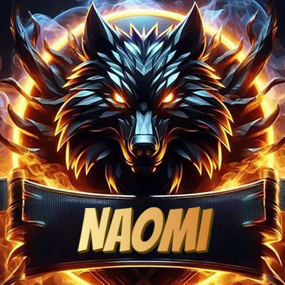 Diseño agresivo y poderoso de cabeza de lobo con ojos brillantes y halo de fuego, nombre incluido. - Naomi