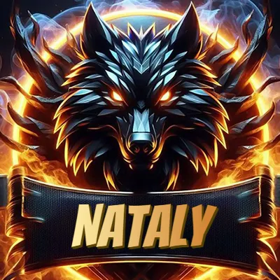 Diseño agresivo y poderoso de cabeza de lobo con ojos brillantes y halo de fuego, nombre incluido. - Nataly
