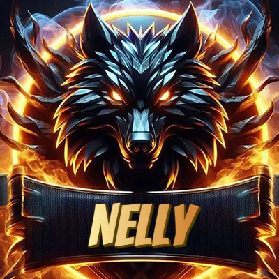 Diseño agresivo y poderoso de cabeza de lobo con ojos brillantes y halo de fuego, nombre incluido. - Nelly