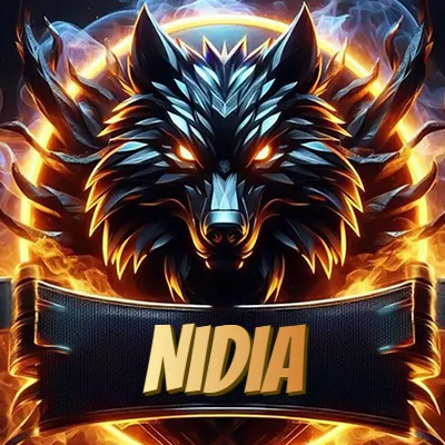 Diseño agresivo y poderoso de cabeza de lobo con ojos brillantes y halo de fuego, nombre incluido. - Nidia