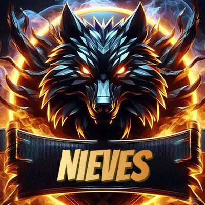 Diseño agresivo y poderoso de cabeza de lobo con ojos brillantes y halo de fuego, nombre incluido. - Nieves