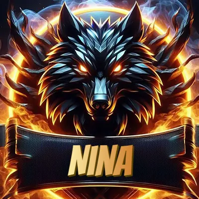 Diseño agresivo y poderoso de cabeza de lobo con ojos brillantes y halo de fuego, nombre incluido. - Nina