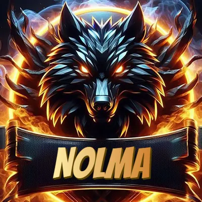 Diseño agresivo y poderoso de cabeza de lobo con ojos brillantes y halo de fuego, nombre incluido. - Nolma