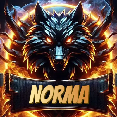 Diseño agresivo y poderoso de cabeza de lobo con ojos brillantes y halo de fuego, nombre incluido. - Norma