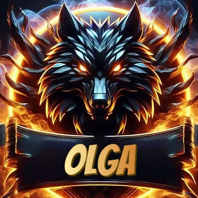 Diseño agresivo y poderoso de cabeza de lobo con ojos brillantes y halo de fuego, nombre incluido. - Olga Diseño agresivo y poderoso de cabeza de lobo con ojos brillantes y halo de fuego, nombre incluido. - Olga