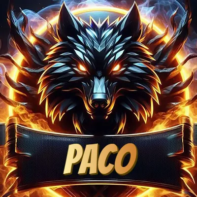 Diseño agresivo y poderoso de cabeza de lobo con ojos brillantes y halo de fuego, nombre incluido. - Paco