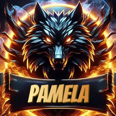 Diseño agresivo y poderoso de cabeza de lobo con ojos brillantes y halo de fuego, nombre incluido. - Pamela