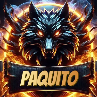 Diseño agresivo y poderoso de cabeza de lobo con ojos brillantes y halo de fuego, nombre incluido. - Paquito