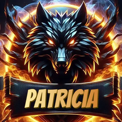 Diseño agresivo y poderoso de cabeza de lobo con ojos brillantes y halo de fuego, nombre incluido. - Patricia Diseño agresivo y poderoso de cabeza de lobo con ojos brillantes y halo de fuego, nombre incluido. - Patricia