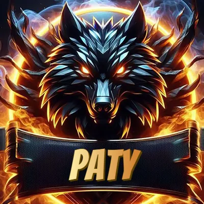 Diseño agresivo y poderoso de cabeza de lobo con ojos brillantes y halo de fuego, nombre incluido. - Paty Diseño agresivo y poderoso de cabeza de lobo con ojos brillantes y halo de fuego, nombre incluido. - Paty