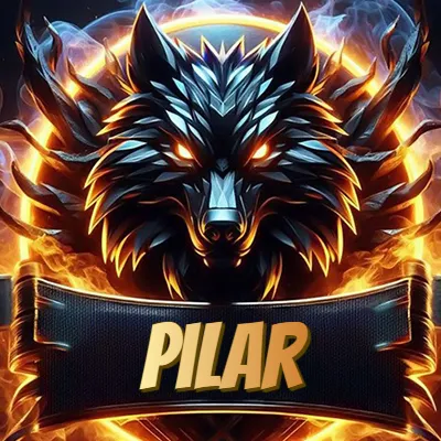 Diseño agresivo y poderoso de cabeza de lobo con ojos brillantes y halo de fuego, nombre incluido. - Pilar