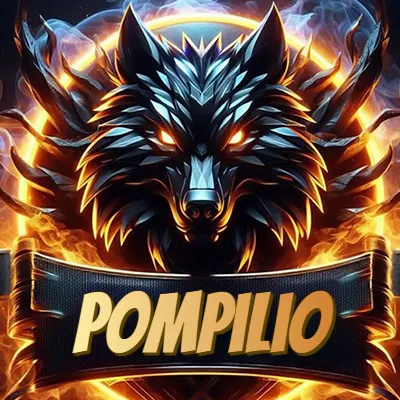 Diseño agresivo y poderoso de cabeza de lobo con ojos brillantes y halo de fuego, nombre incluido. - Pompilio