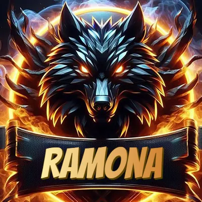 Diseño agresivo y poderoso de cabeza de lobo con ojos brillantes y halo de fuego, nombre incluido. - Ramona