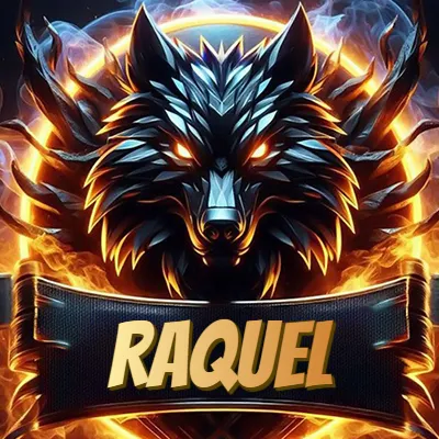 Diseño agresivo y poderoso de cabeza de lobo con ojos brillantes y halo de fuego, nombre incluido. - Raquel