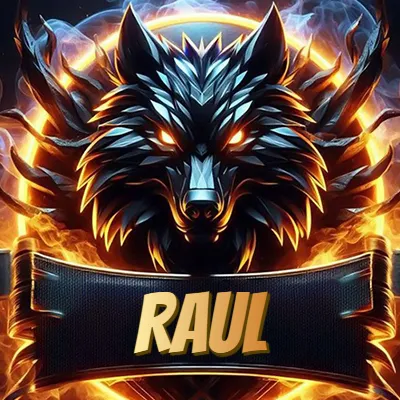 Diseño agresivo y poderoso de cabeza de lobo con ojos brillantes y halo de fuego, nombre incluido. - Raul