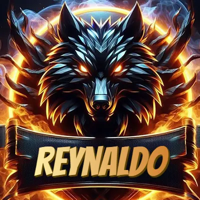 Diseño agresivo y poderoso de cabeza de lobo con ojos brillantes y halo de fuego, nombre incluido. - Reynaldo