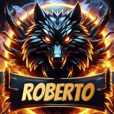 Diseño agresivo y poderoso de cabeza de lobo con ojos brillantes y halo de fuego, nombre incluido. - Roberto